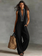 Women's Linen Jumpsuit | Sleeveless, Stand Collar, Embroidered | Bexcellent