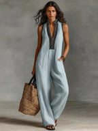 Women's Linen Jumpsuit | Sleeveless, Stand Collar, Embroidered | Bexcellent
