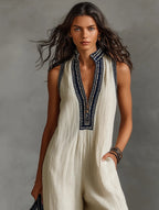 Women's Linen Jumpsuit | Sleeveless, Stand Collar, Embroidered | Bexcellent