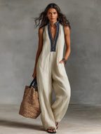 Women's Linen Jumpsuit | Sleeveless, Stand Collar, Embroidered | Bexcellent