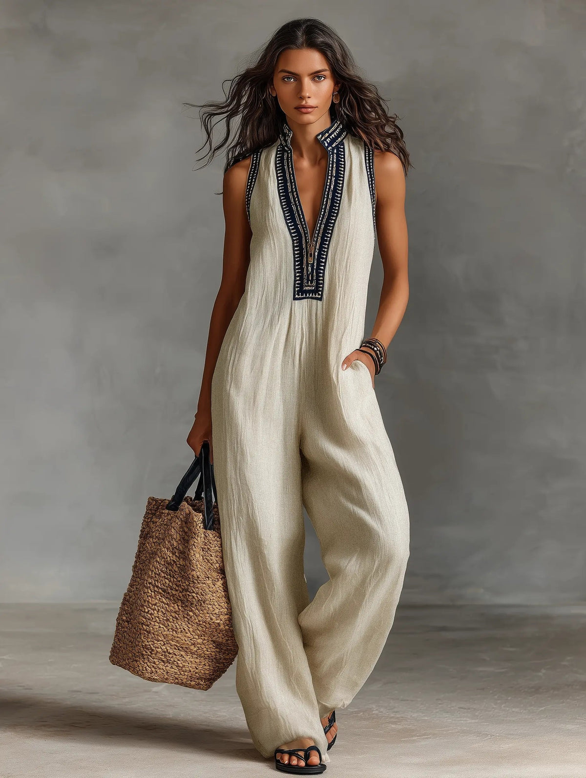 Women's Linen Jumpsuit | Sleeveless, Stand Collar, Embroidered | Bexcellent