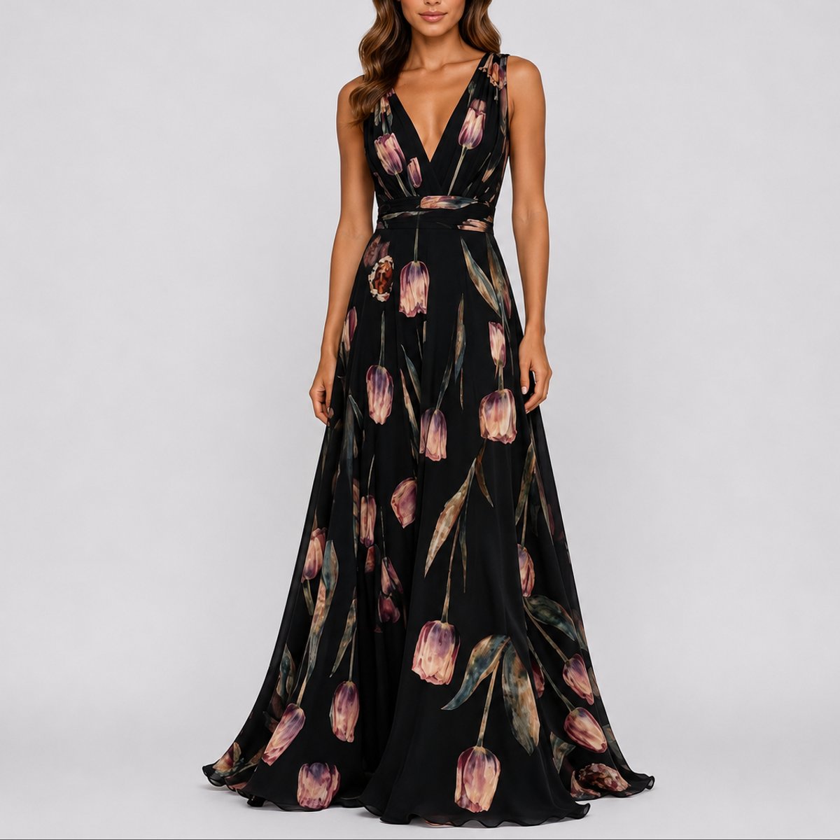 Luna | Women's Floral Maxi Dress | Wedding Guest, Deep V-Neck | Chiffon