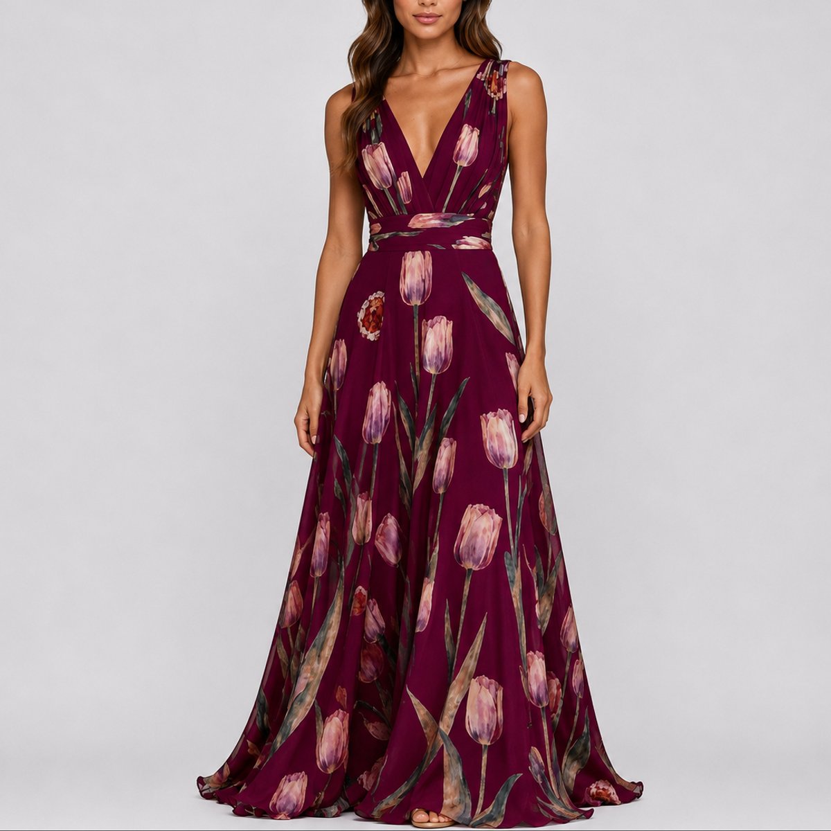 Luna | Women's Floral Maxi Dress | Wedding Guest, Deep V-Neck | Chiffon