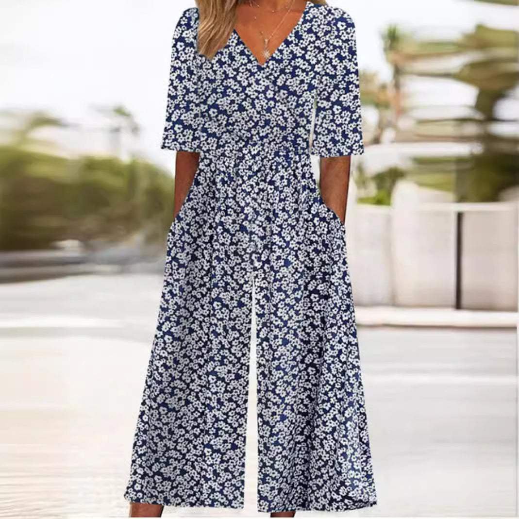 Sabine | Women's Boho Jumpsuit | Floral V-Neck, Half Sleeve | Relaxed Fit