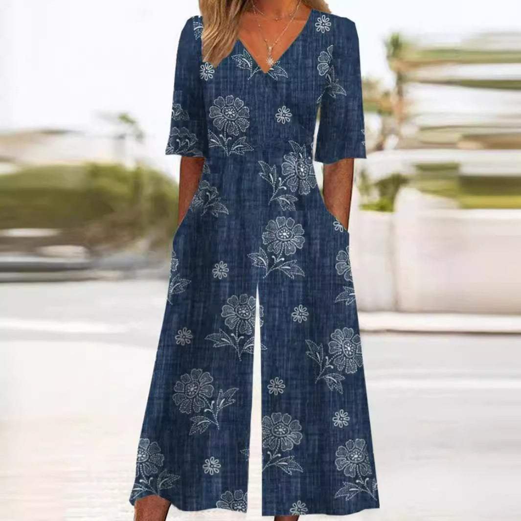 Sabine | Women's Boho Jumpsuit | Floral V-Neck, Half Sleeve | Relaxed Fit