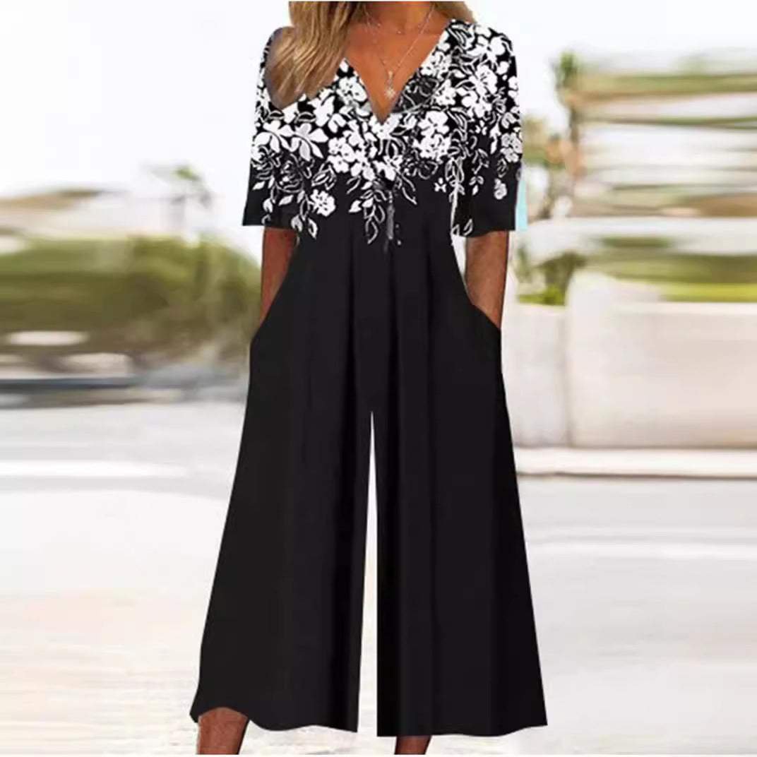 Sabine | Women's Boho Jumpsuit | Floral V-Neck, Half Sleeve | Relaxed Fit
