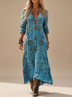 Delphine | Women's Boho Maxi Dress | Long Sleeve, V-Neck, Floral