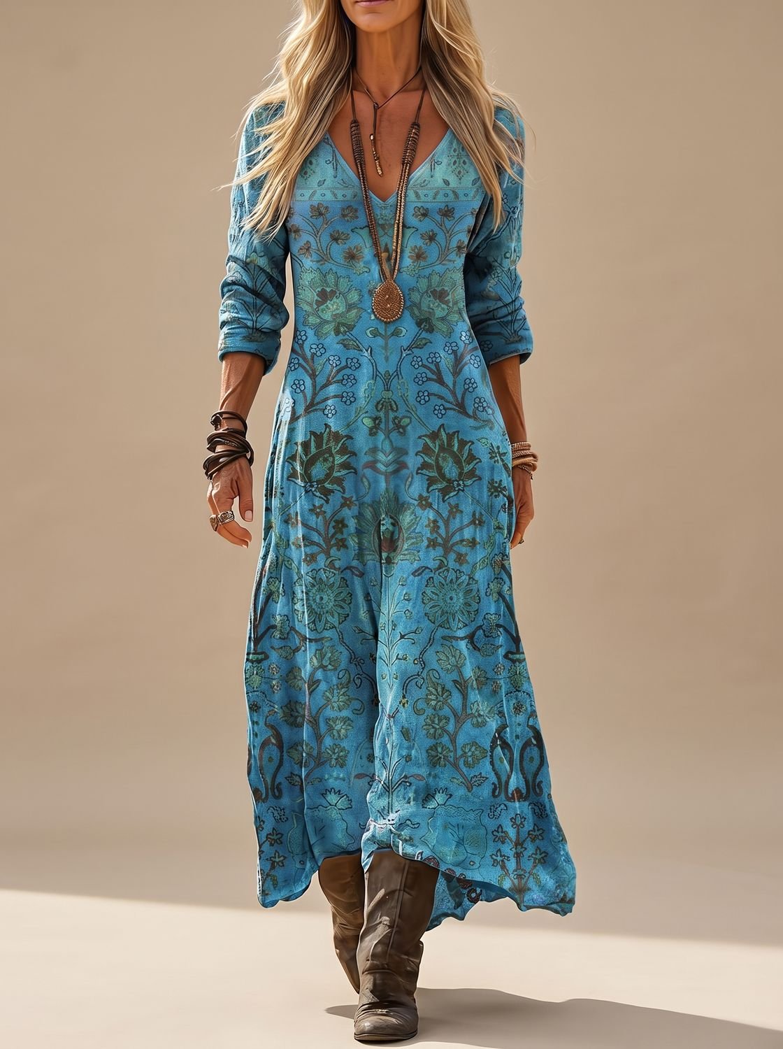 Delphine | Women's Boho Maxi Dress | Long Sleeve, V-Neck, Floral