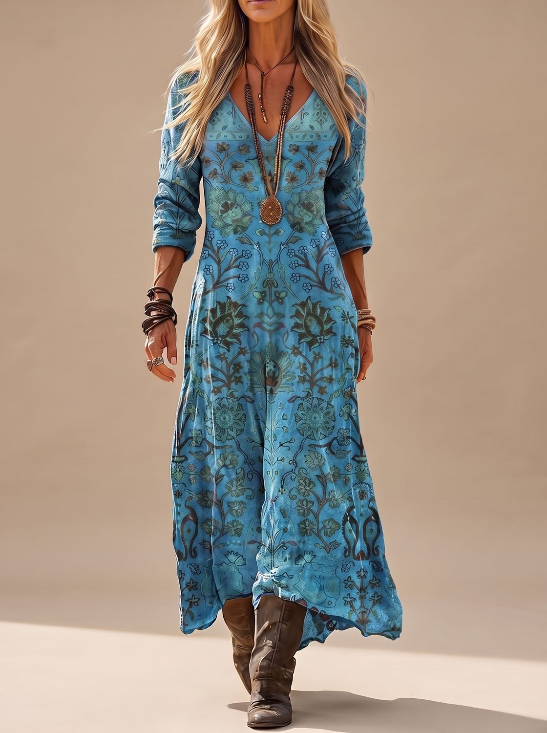 Delphine | Women's Boho Maxi Dress | Long Sleeve, V-Neck, Floral
