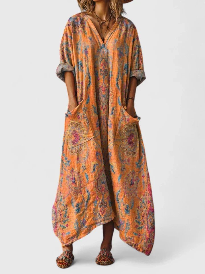 Yvaine | Women's Boho Maxi Dress | Paisley Print, Pockets | Loose Fit