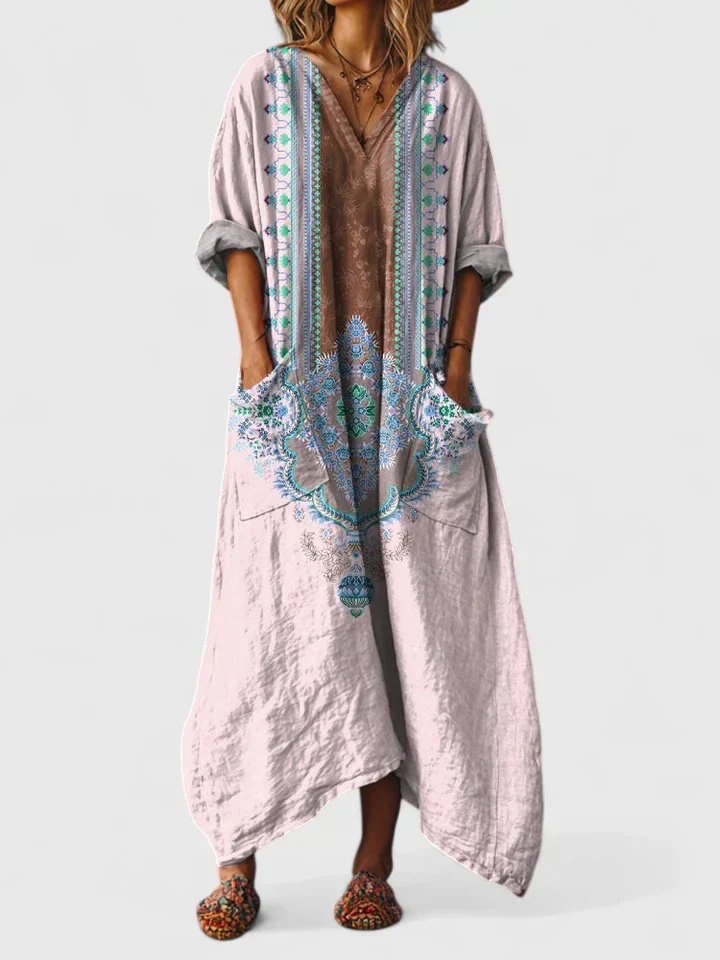 Yvaine | Women's Boho Maxi Dress | Paisley Print, Pockets | Loose Fit