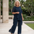 Faline | Women's Chiffon Two-Piece Set | Wide-Leg Pants & Layered Top | Elegant