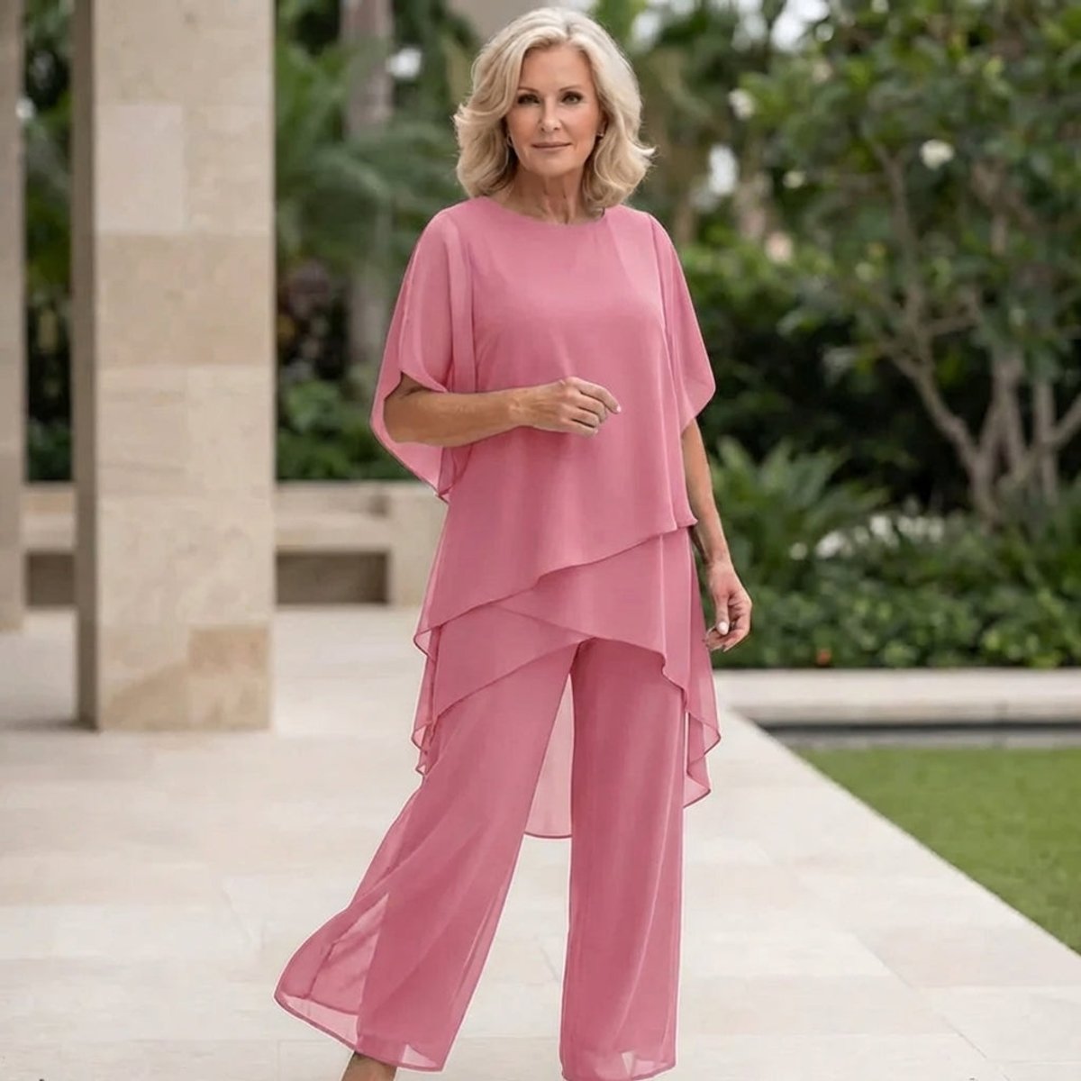 Faline | Women's Chiffon Two-Piece Set | Wide-Leg Pants & Layered Top | Elegant