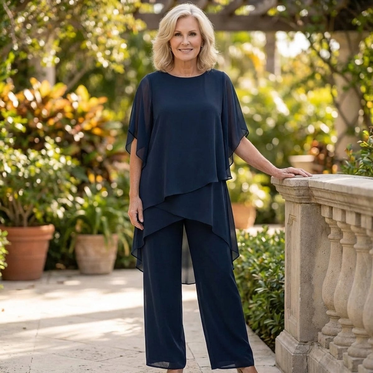 Faline | Women's Chiffon Two-Piece Set | Wide-Leg Pants & Layered Top | Elegant