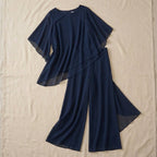 Faline | Women's Chiffon Two-Piece Set | Wide-Leg Pants & Layered Top | Elegant
