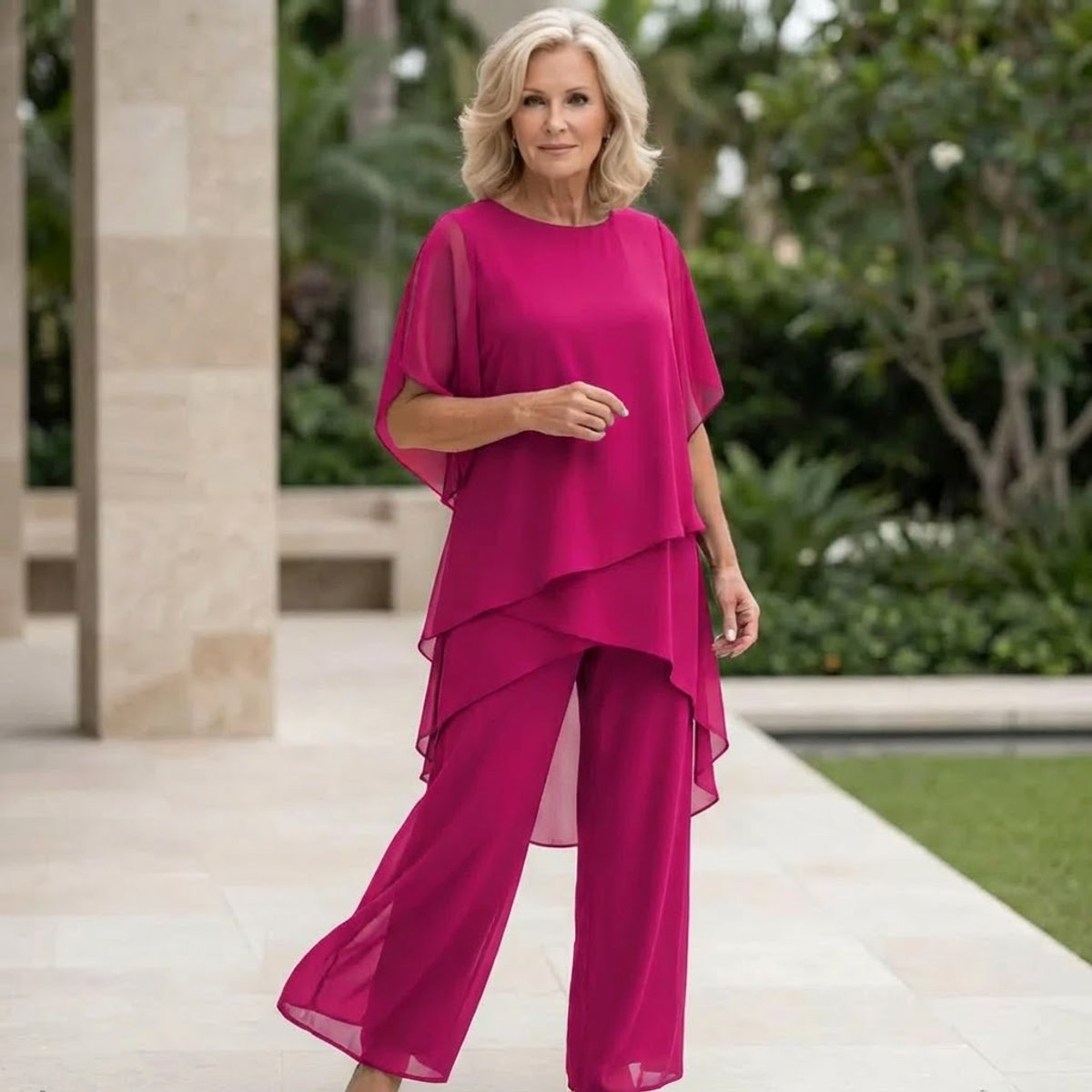 Faline | Women's Chiffon Two-Piece Set | Wide-Leg Pants & Layered Top | Elegant