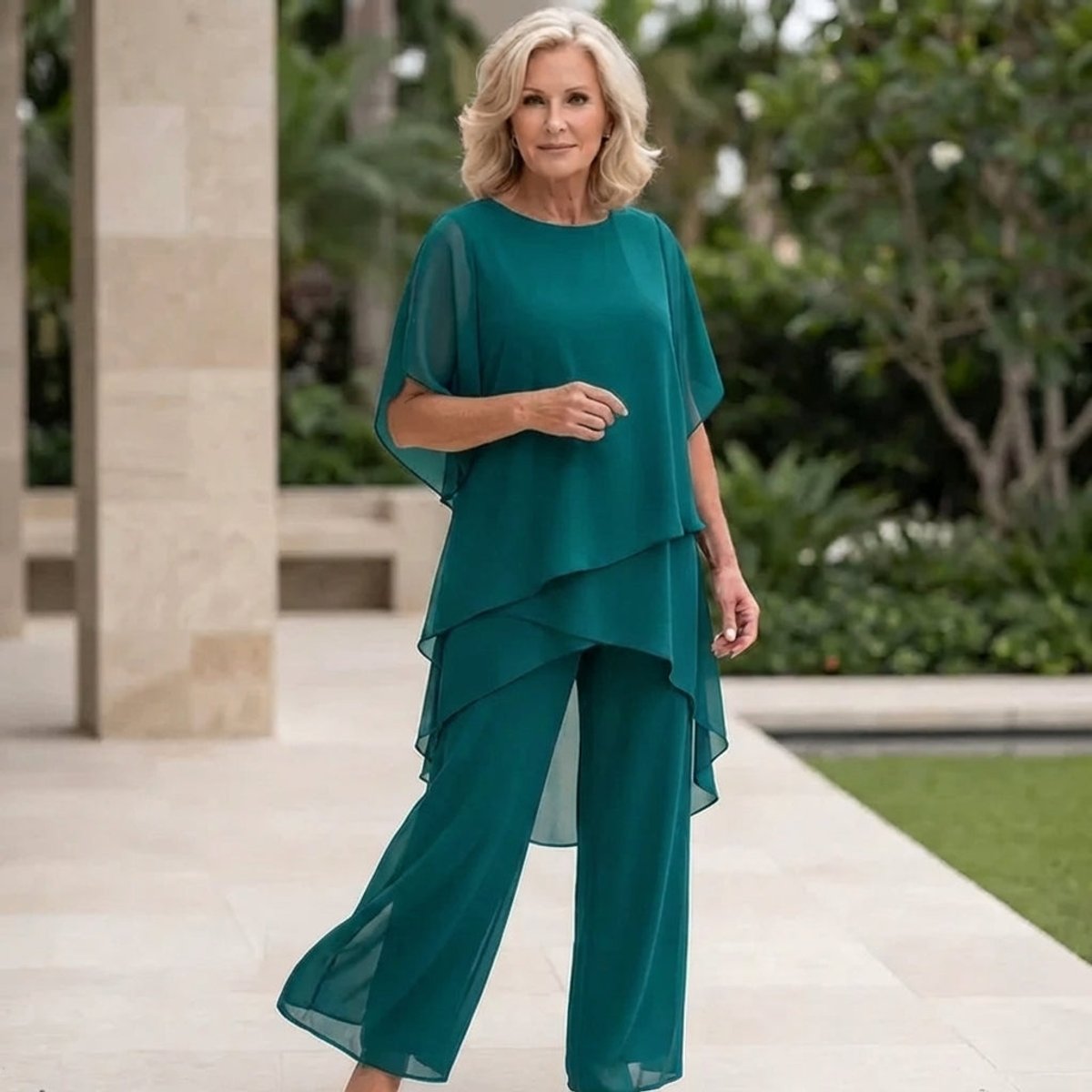 Faline | Women's Chiffon Two-Piece Set | Wide-Leg Pants & Layered Top | Elegant