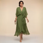 Midi Dress Women Chiffon V Neck High Low Hem Tie Waist | Embla