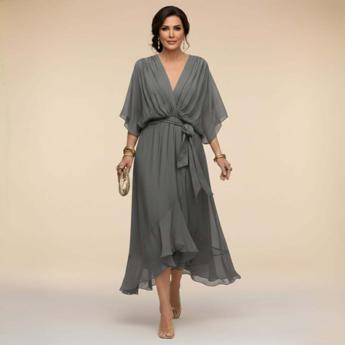 Midi Dress Women Chiffon V Neck High Low Hem Tie Waist | Embla
