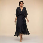 Midi Dress Women Chiffon V Neck High Low Hem Tie Waist | Embla