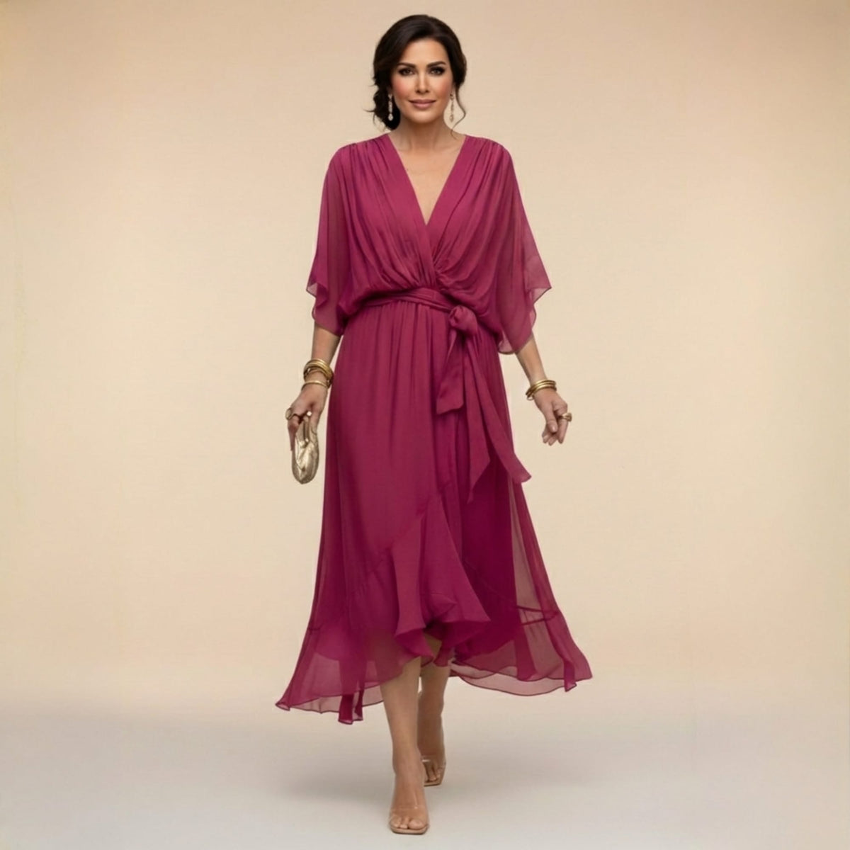 Midi Dress Women Chiffon V Neck High Low Hem Tie Waist | Embla