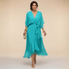 Midi Dress Women Chiffon V Neck High Low Hem Tie Waist | Embla