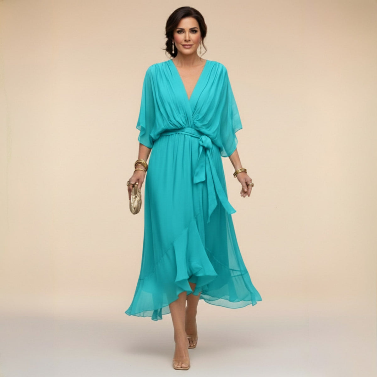 Midi Dress Women Chiffon V Neck High Low Hem Tie Waist | Embla