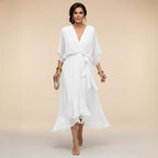 Midi Dress Women Chiffon V Neck High Low Hem Tie Waist | Embla
