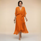 Midi Dress Women Chiffon V Neck High Low Hem Tie Waist | Embla
