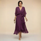 Midi Dress Women Chiffon V Neck High Low Hem Tie Waist | Embla