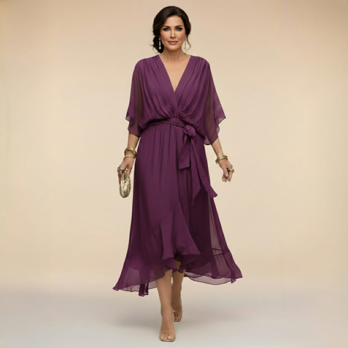 Midi Dress Women Chiffon V Neck High Low Hem Tie Waist | Embla