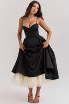 Cocktail party dress women midi satin swing skirt corset bodice