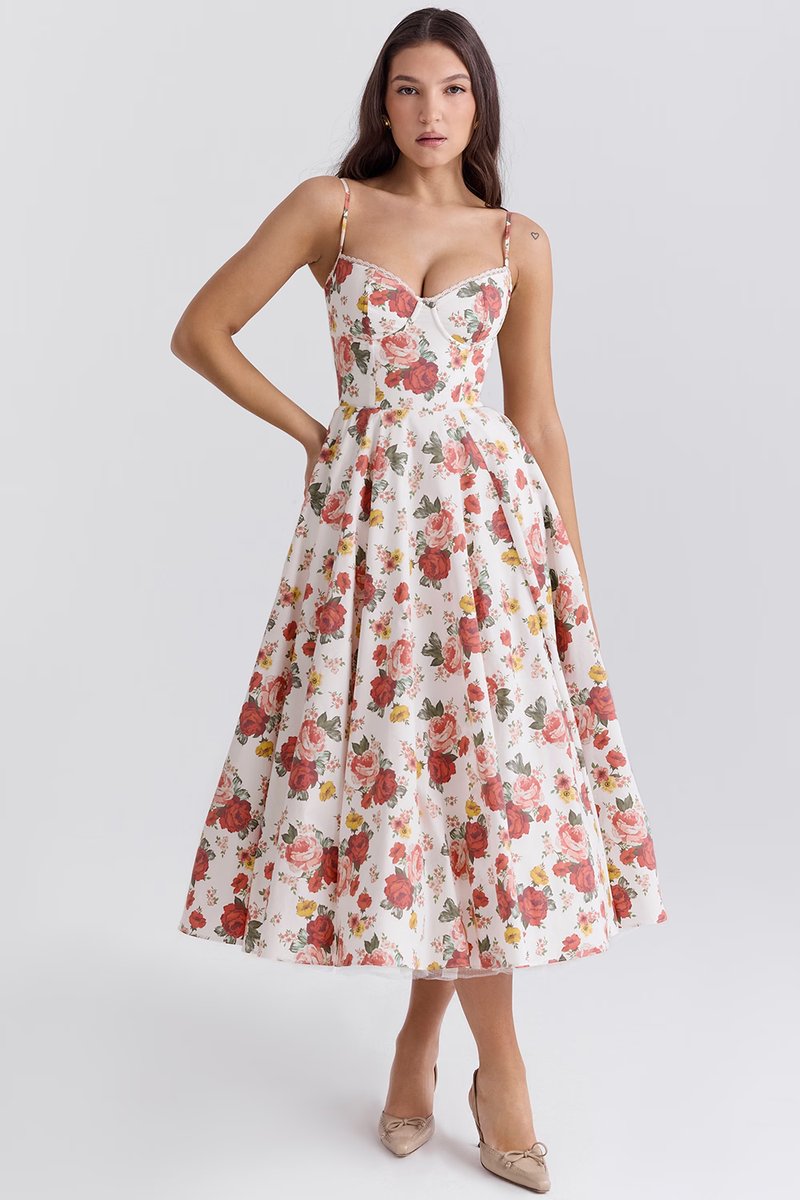 Cocktail party dress women midi satin swing skirt corset bodice
