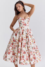 Cocktail party dress women midi satin swing skirt corset bodice