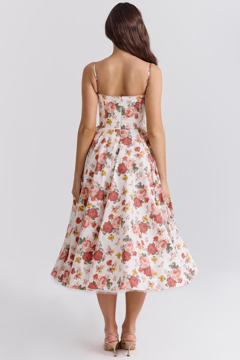 Cocktail party dress women midi satin swing skirt corset bodice