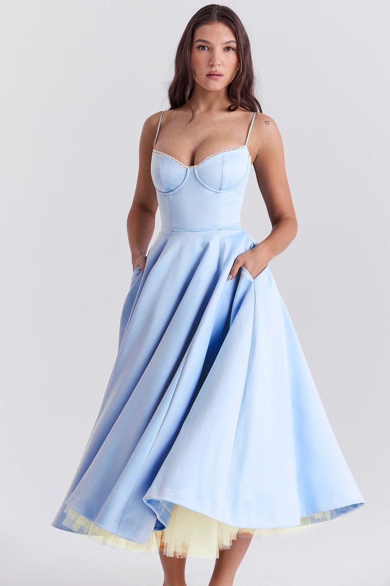 Cocktail party dress women midi satin swing skirt corset bodice