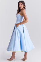Cocktail party dress women midi satin swing skirt corset bodice