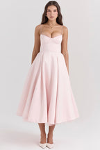 Cocktail party dress women midi satin swing skirt corset bodice