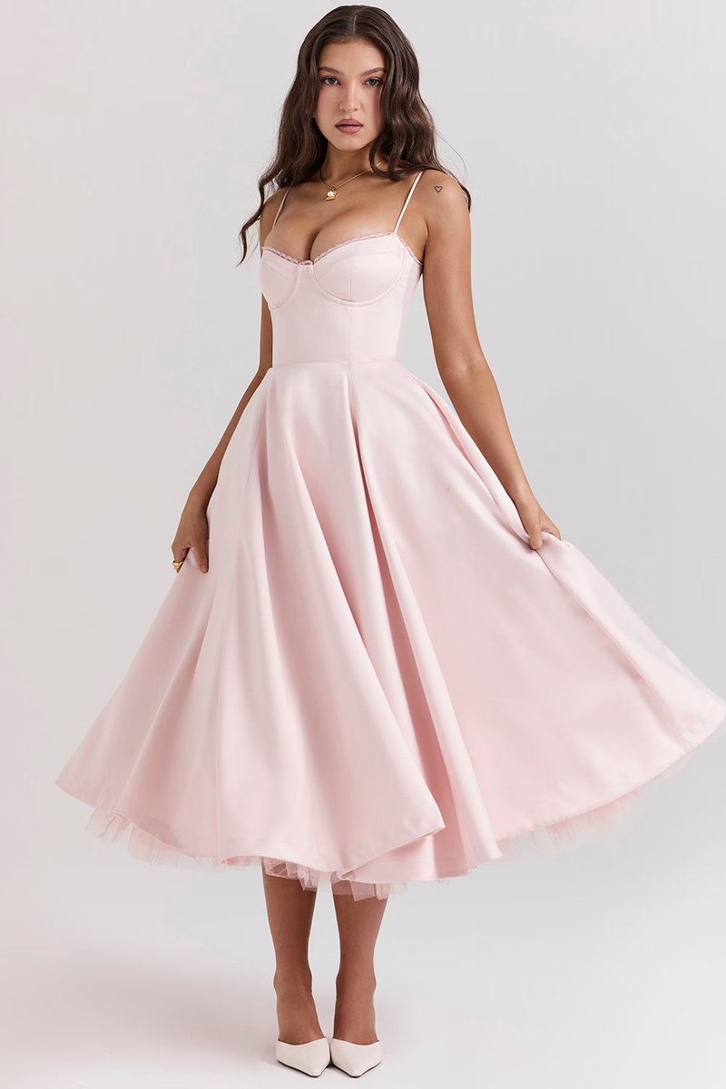 Cocktail party dress women midi satin swing skirt corset bodice