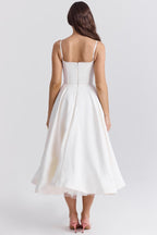 Cocktail party dress women midi satin swing skirt corset bodice