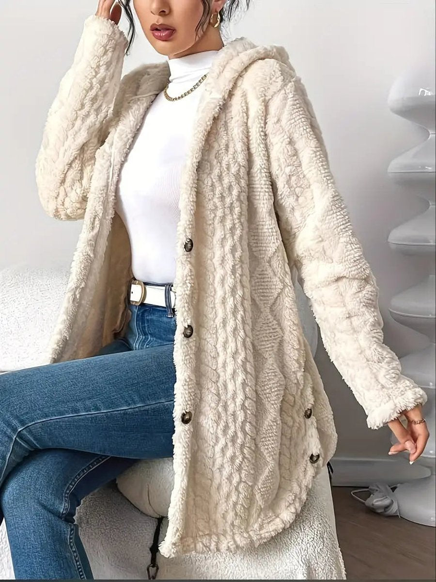 Women Plush Oversized Hooded Cardigan Buttoned