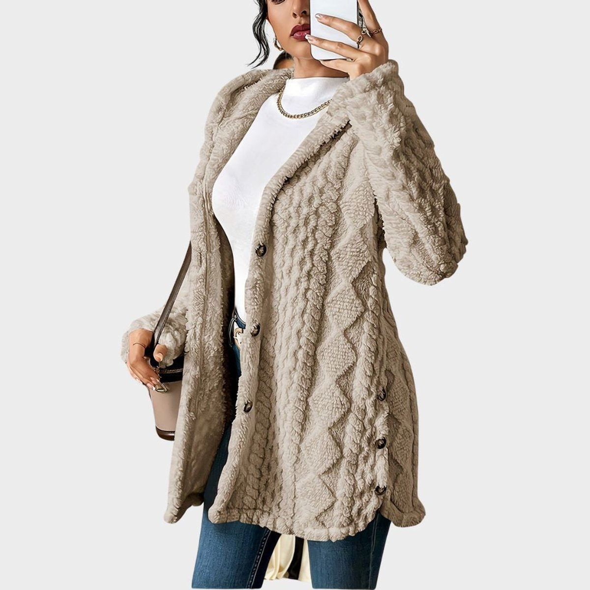 Women Plush Oversized Hooded Cardigan Buttoned