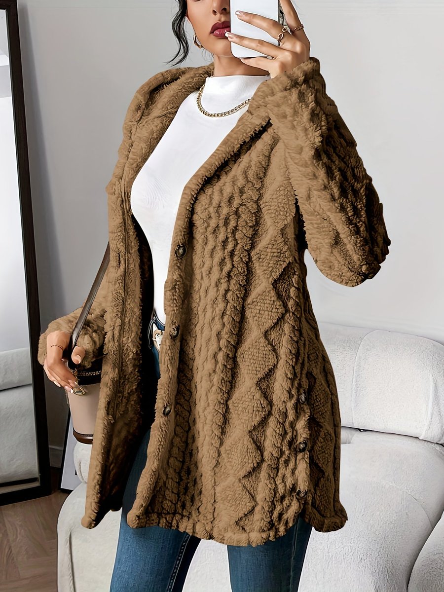 Women Plush Oversized Hooded Cardigan Buttoned