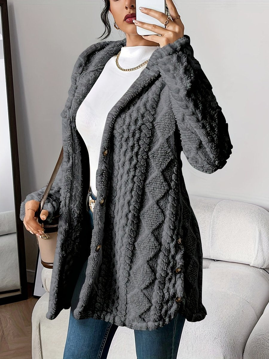 Women Plush Oversized Hooded Cardigan Buttoned