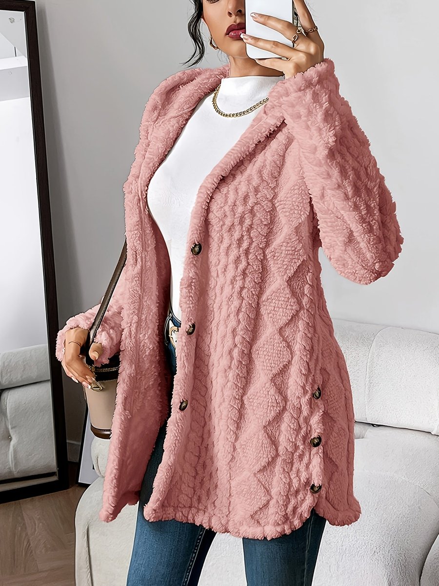 Women Plush Oversized Hooded Cardigan Buttoned