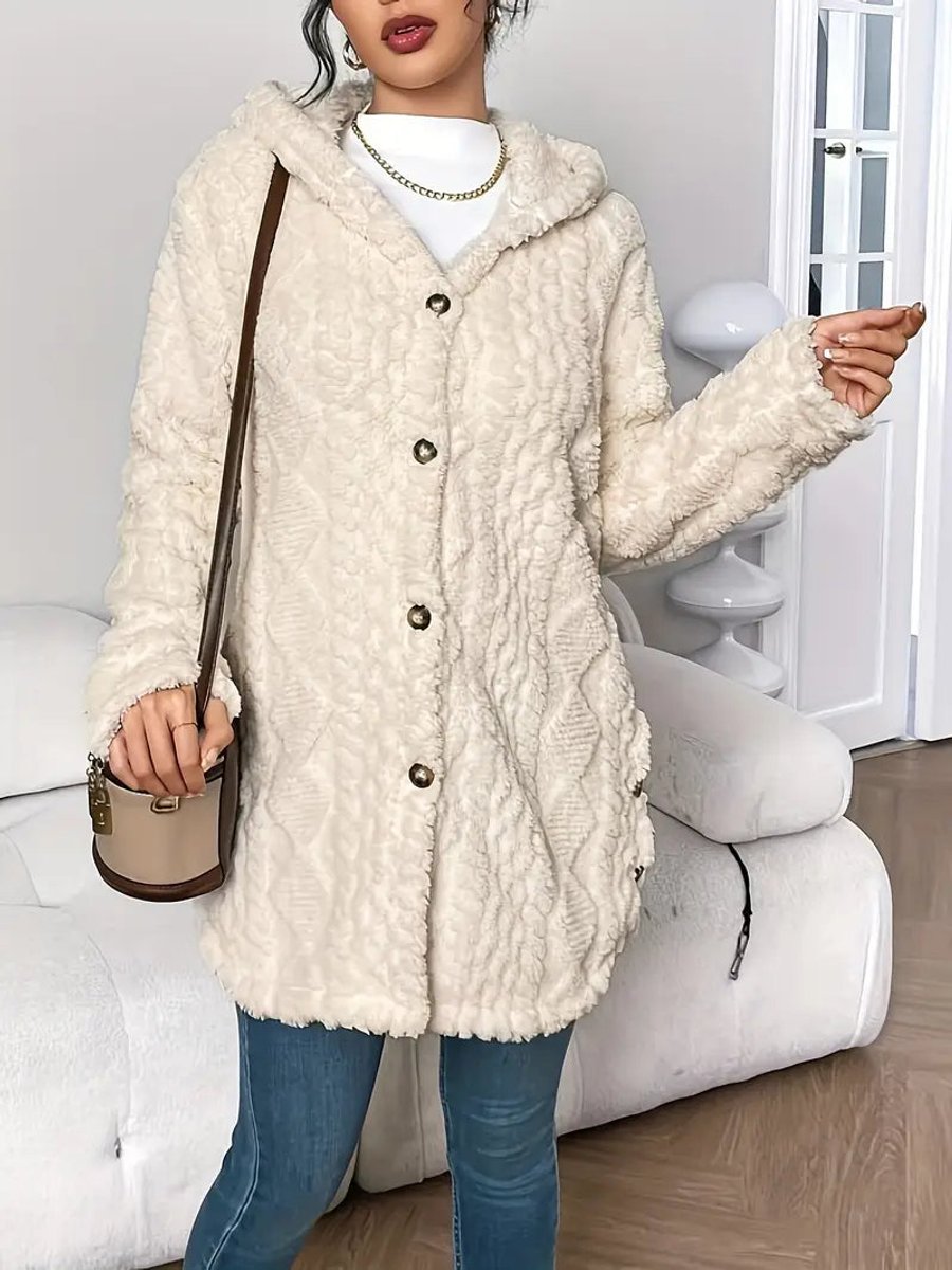 Women Plush Oversized Hooded Cardigan Buttoned