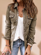 Women Denim Jacket Button Front Chest Pockets Shirt Collar | Selene