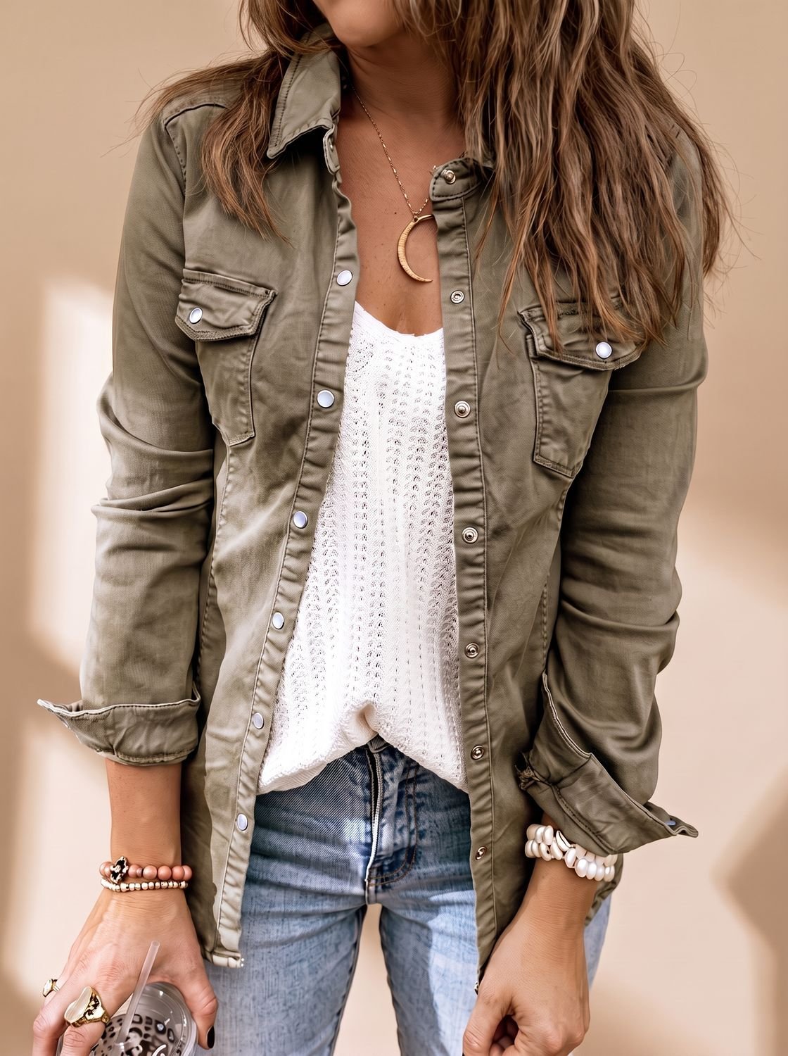 Women Denim Jacket Button Front Chest Pockets Shirt Collar | Selene