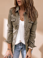 Women Denim Jacket Button Front Chest Pockets Shirt Collar | Selene