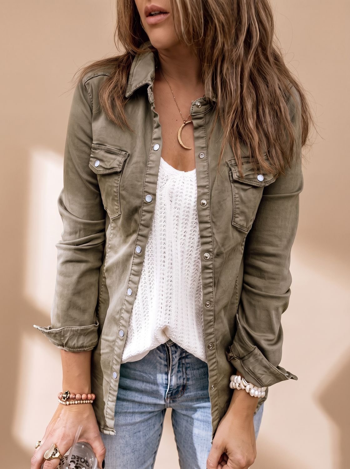 Women Denim Jacket Button Front Chest Pockets Shirt Collar | Selene
